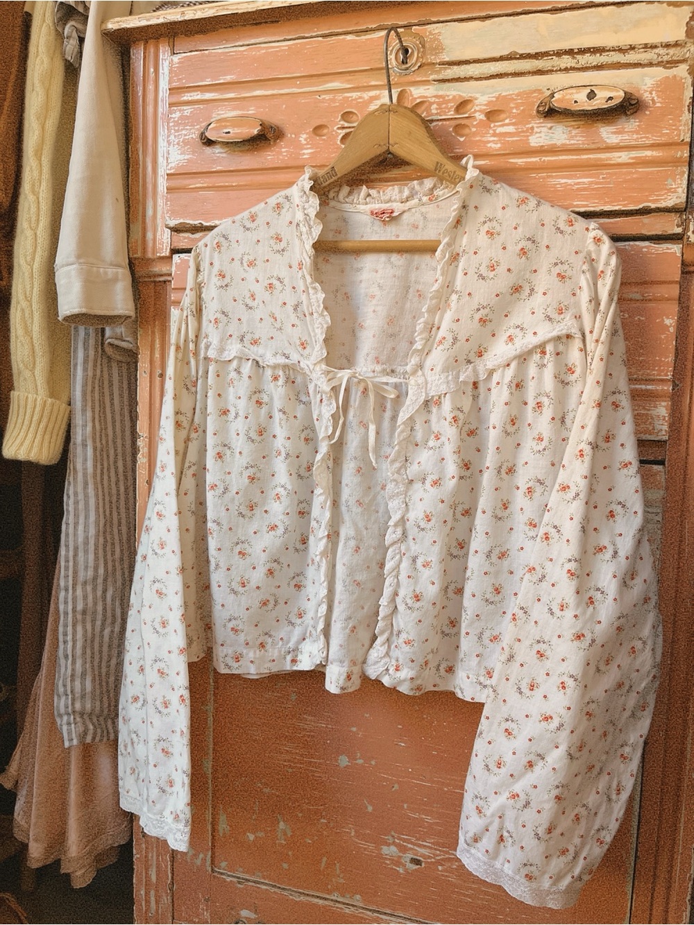 Antique Art Deco 40s vintage Floral Cottagecore Wide Sleeve Crop Blouse Top M